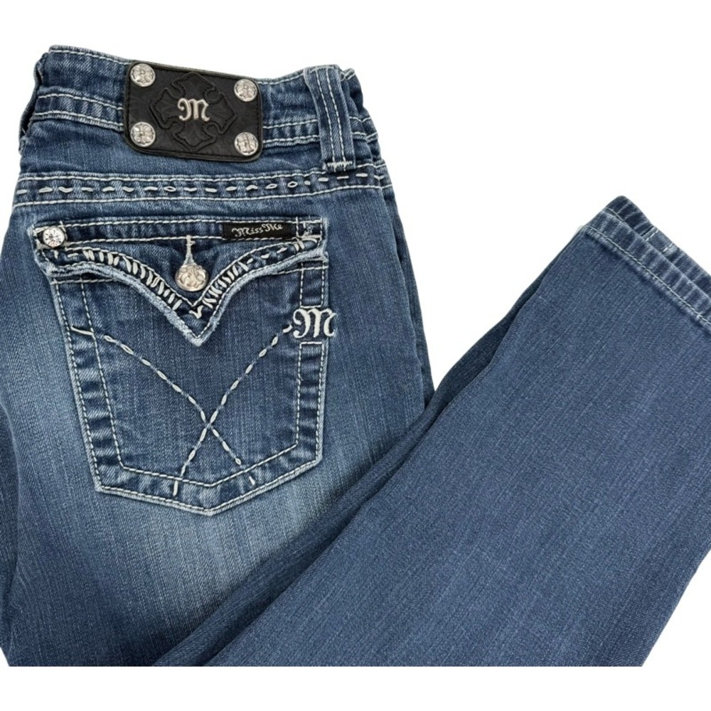 MISS ME 30 Capri Jeans Blue JY5180P Dark Wash Embellished Rhinestone Y2K McBling